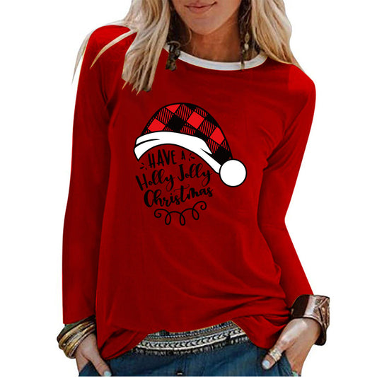 Christmas hat print white border long sleeved shirt